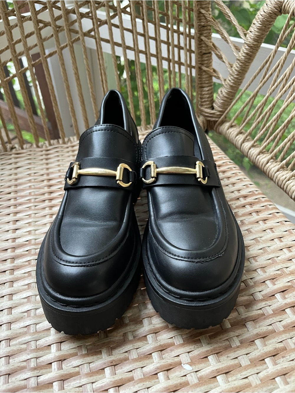 Steve Madden Black Leather Chunky Bit Loafers with Gold Hardware